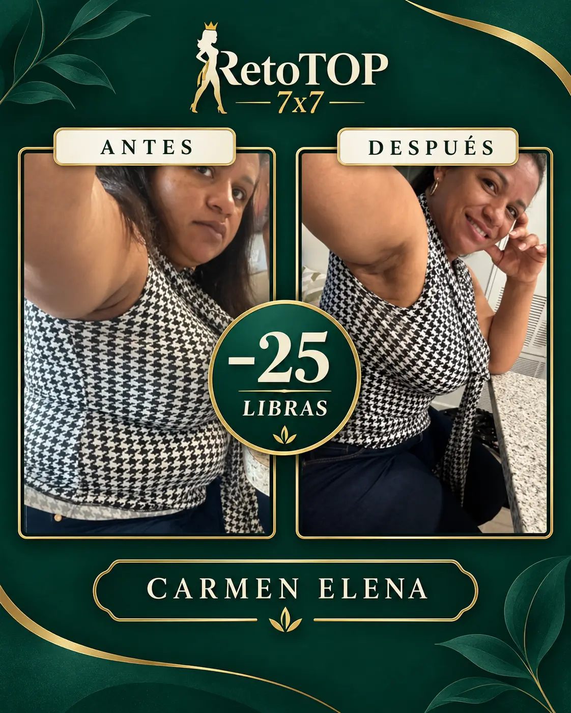 Comparación documentada de Carmen Elena: antes y después, con 25 libras reportadas